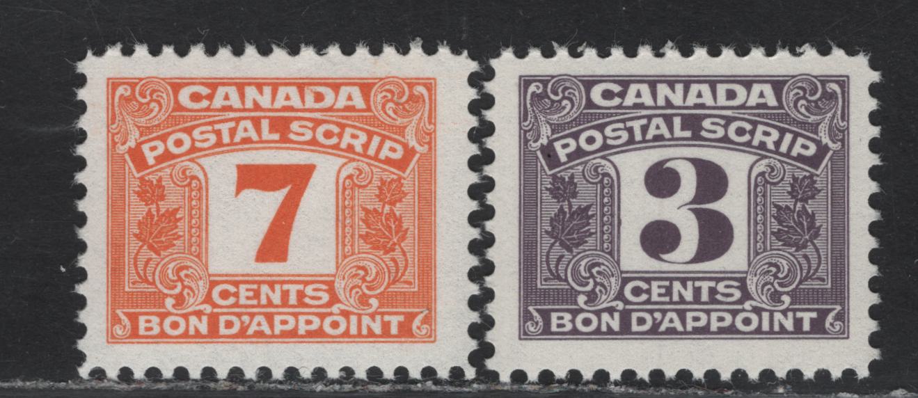Canada Van Dam#FPS43 & FPS47 3c - 7c Purple - Orange Numeral, 1967 Third Postal Scrip Issue, 2 VFNH Singles, DF1 Paper