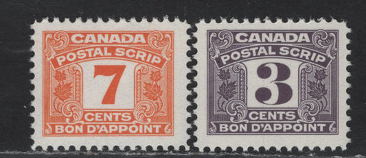 Lot 167 Canada Van Dam#FPS43 & FPS47 3c - 7c Purple - Orange Numeral, 1967 Third Postal Scrip Issue, 2 VFNH Singles, DF1 Paper