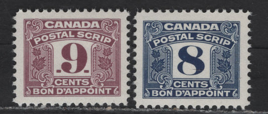 Lot 168 Canada Van Dam#FPS48-49 8c - 9c Blue - Reddish Purple Numeral, 1967 Third Postal Scrip Issue, 2 VFNH Singles, DF1 Paper