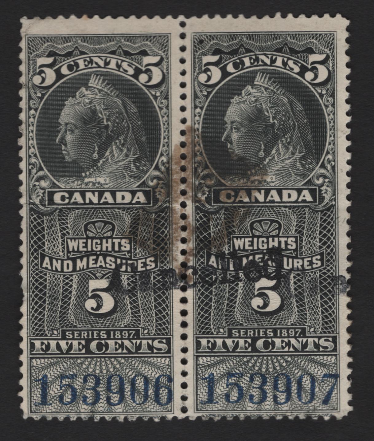 Lot 170 Canada (C) Van Dam#FWM45 5c Black Queen Victoria, 1897 Weights & Measures Issue, A Very Good Used Pair, Horizontal Crease & Stain From Tape
