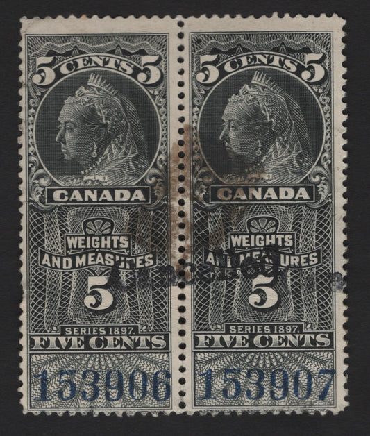 Lot 170 Canada (C) Van Dam#FWM45 5c Black Queen Victoria, 1897 Weights & Measures Issue, A Very Good Used Pair, Horizontal Crease & Stain From Tape