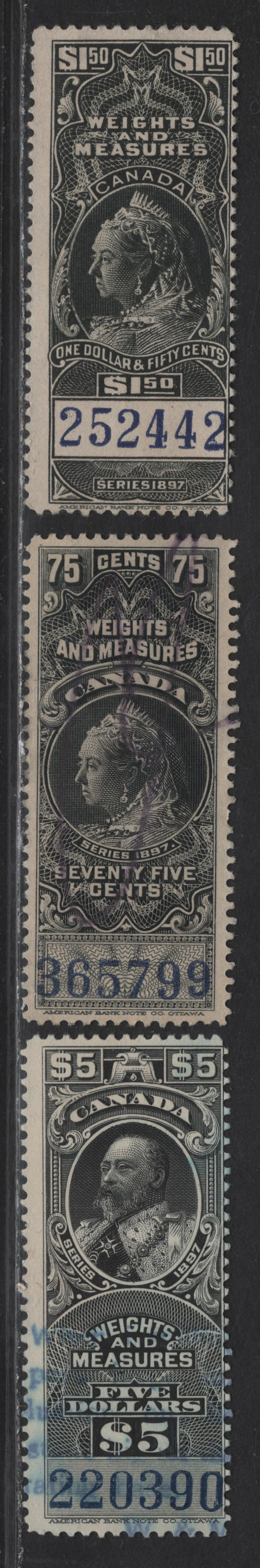Lot 171 Canada (C) Van Dam#FWM50, FWM52, FWM55 75c - $5 Black Queen Victoria, 1897 Weights & Measures Issue, 3 Fine/Very Fine Used Singles, Blue Control Numbers