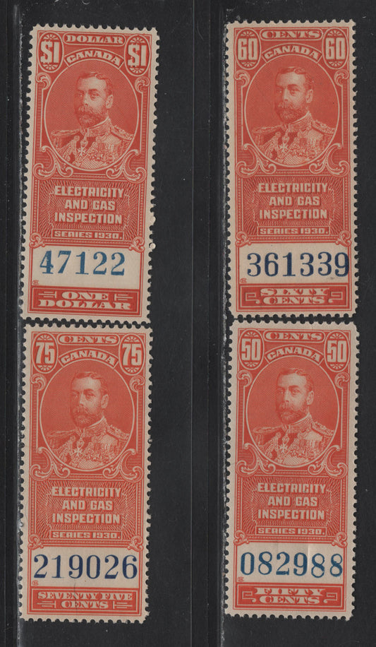 Lot 172 Canada (C) Van Dam#FEG1-FEG4 50c - $1 Vermillion King George V, 1930 Electricity & Gas Inspection Issue, 4 VFNH Singles