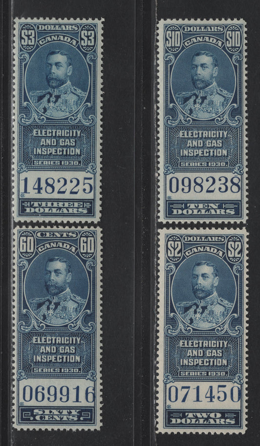 Lot 173 Canada (C) Van Dam#FEG8-FEG11 60c - $10 Blue King George V, 1930 Electricity & Gas Inspection Issue, 4 VFNH Singles, The $3 Has A Small Tear At Top