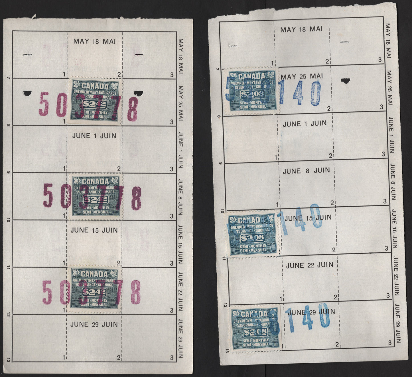 Lot 176 Canada (C) Van Dam#FU51, FU53 $2.08 - $2.42 Blue - Slate Numeral, 1955 Unemployment Insurance Issue, 2 Very Fine Used Pages Franked With Singles, Franked With 6 Singles Of FU53 & 5 of FU51, Cancelled With Blue & Magenta Numeric Hand Stamps