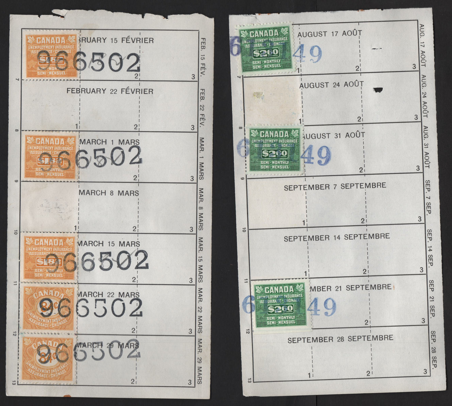 Lot 177 Canada (C) Van Dam#FU43, FU50, FU55 84c - $2.60 Yellow - Emerald Numeral, 1955 Unemployment Insurance Issue, 2 Very Fine Used Pages Franked With Singles, 1957-1958 Unemployment Insurance Books