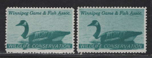 Lot 179 Canada (C) Van Dam#MW1 Turquoise Green Wildlife Conservation, 1967 Winnipeg Game & Fish Association Issue, 2 VFNH Singles, Low Fluorescent Paper