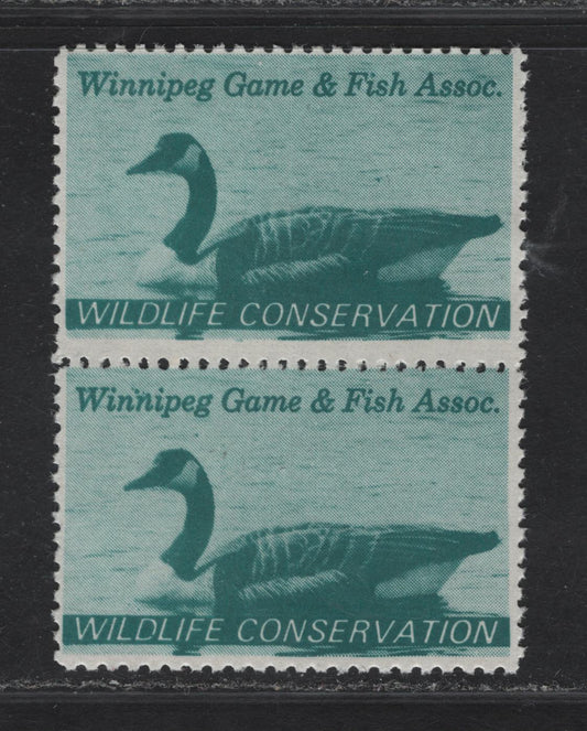 Lot 180 Canada (C) Van Dam#MW1 Turquoise Green Wildlife Conservation, 1967 Winnipeg Game & Fish Association Issue, A FNH Vertical Pair, Fluorescent Paper, One Stamp Is Perf 12.5, Other Is 11.75x12.5