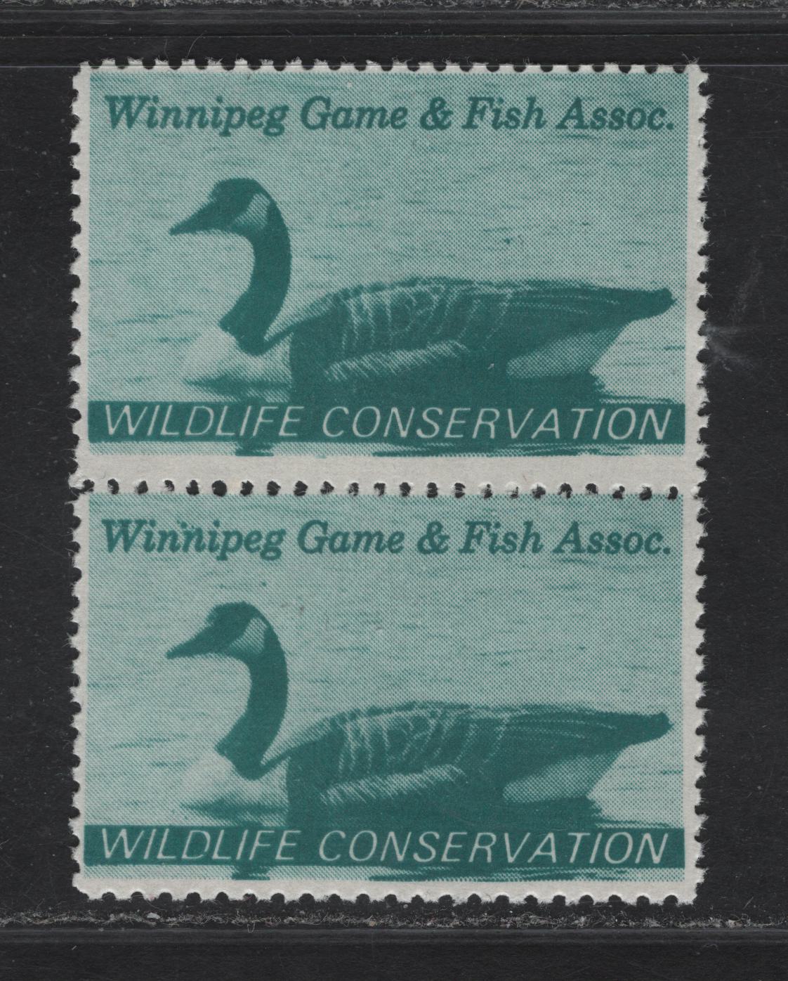 Canada (C) Van Dam#MW1 Turquoise Green Wildlife Conservation, 1967 Winnipeg Game & Fish Association Issue, A FNH Vertical Pair, Fluorescent Paper, One Stamp Is Perf 12.5, Other Is 11.75x12.5