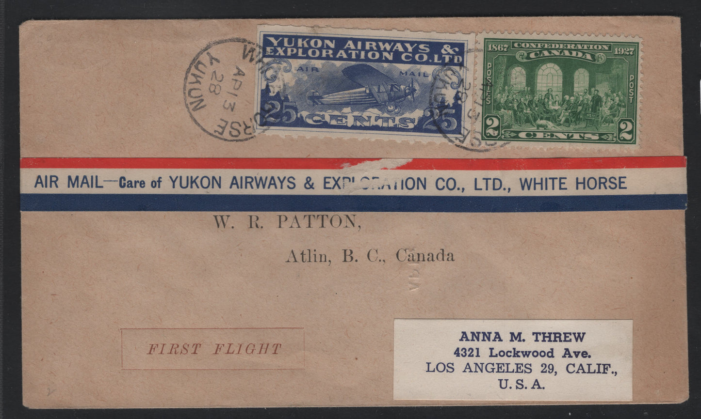 Lot 182 Canada (C) Van Dam#CL42, 142 25c Blue - Green Yukon Airways, 1927 Yukon Airways - Confederation Issues, A Very Fine Used Cover, Franked With 2 Singles