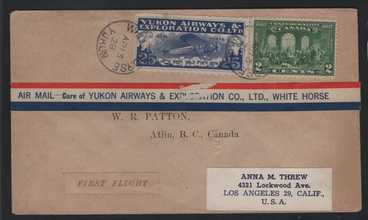 Lot 182 Canada (C) Van Dam#CL42, 142 25c Blue - Green Yukon Airways, 1927 Yukon Airways - Confederation Issues, A Very Fine Used Cover, Franked With 2 Singles