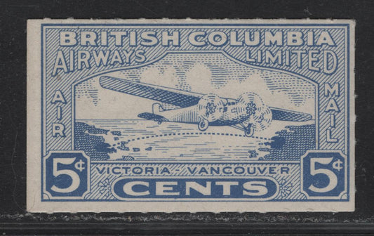 Lot 183 Canada (C) Van Dam#CL44 5c Ultramarine Airplane, 1928 British Columbia Airways Issue, A FNH Single
