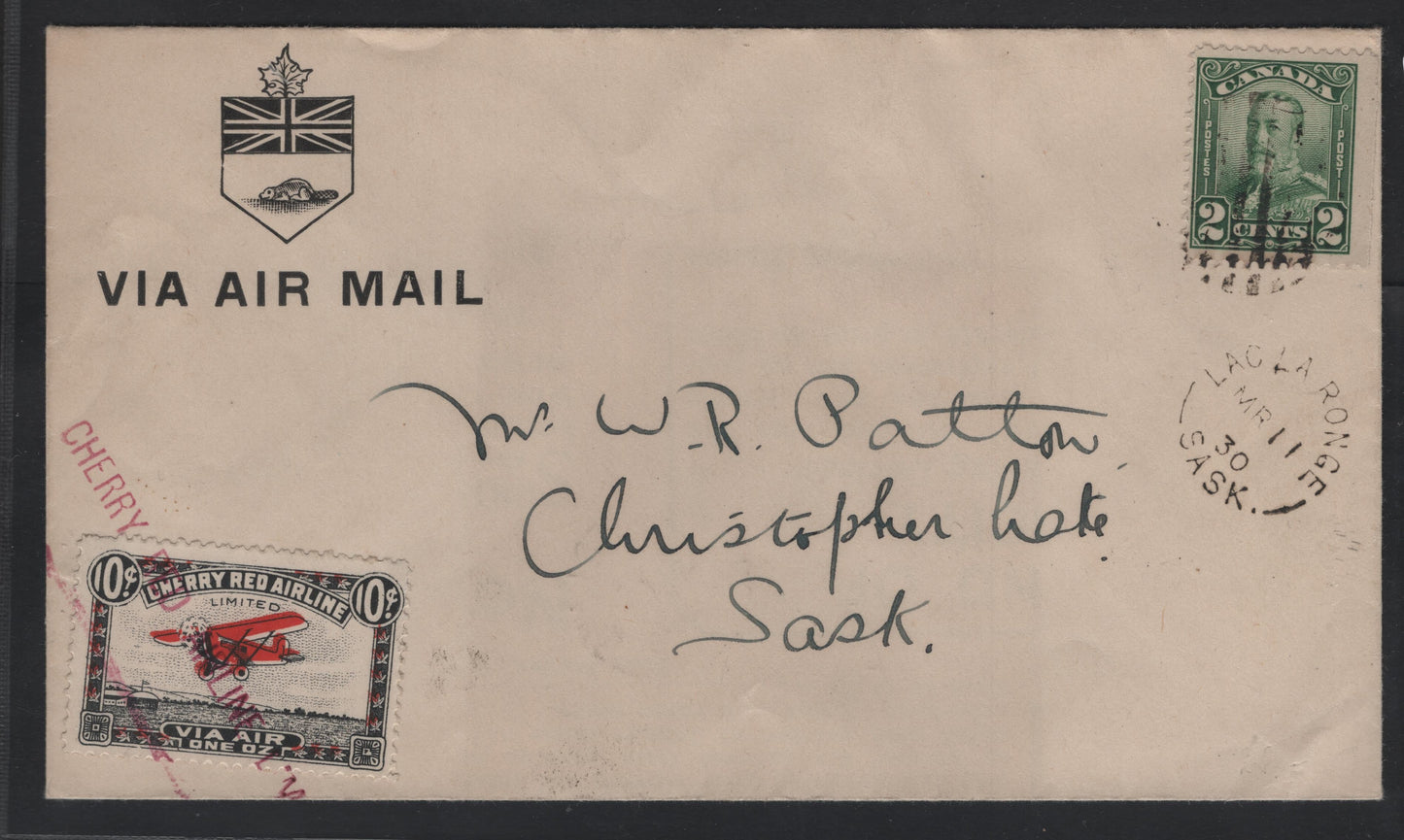 Lot 184 Canada (C) Van Dam#CL46i, 150 10c Red & Black - Green Airplane - King George V, 1929 Cherry Red Airline - Scroll Issues, A Very Fine Used Cover, Franked With 2 Singles, Showing Snow on Wings Variety Due to Minor Color Shift