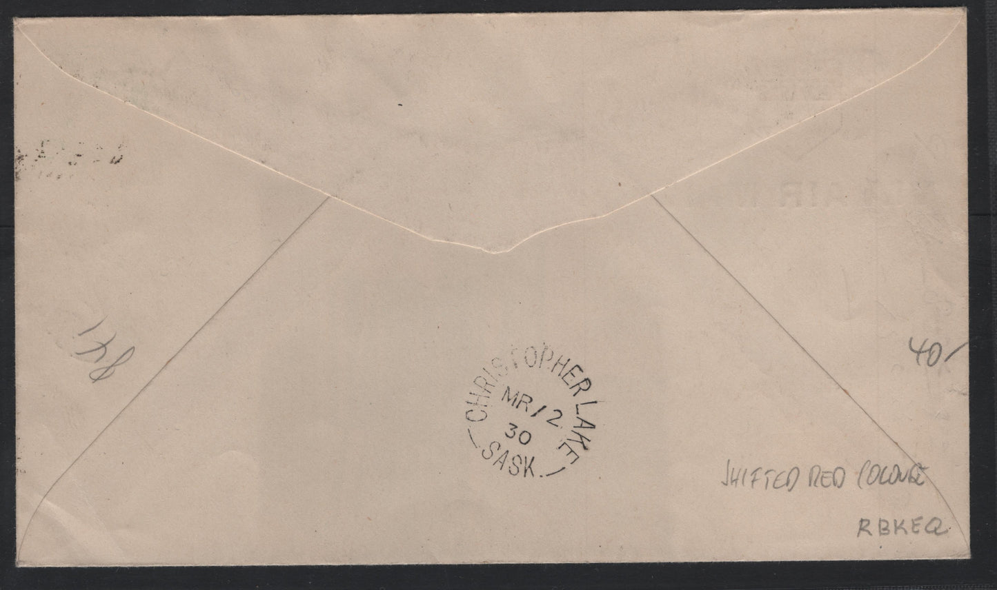 Lot 184 Canada (C) Van Dam#CL46i, 150 10c Red & Black - Green Airplane - King George V, 1929 Cherry Red Airline - Scroll Issues, A Very Fine Used Cover, Franked With 2 Singles, Showing Snow on Wings Variety Due to Minor Color Shift