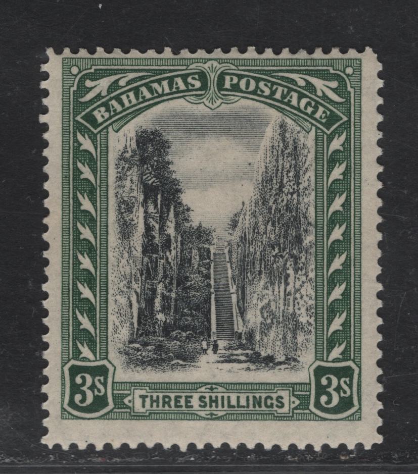 Lot 186 Bahamas (C) SG#114 3/- Black & Green Queen's Staircase, 1921 Queens Staircase Definitives Issue, A FOG Single, Script CA Wmk