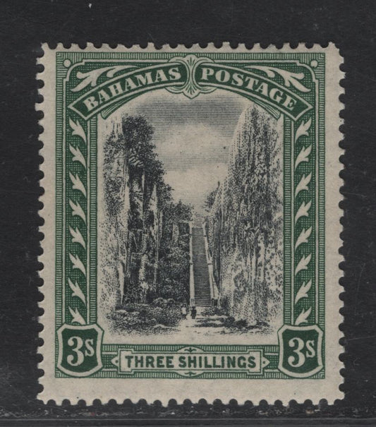 Lot 186 Bahamas (C) SG#114 3/- Black & Green Queen's Staircase, 1921 Queens Staircase Definitives Issue, A FOG Single, Script CA Wmk