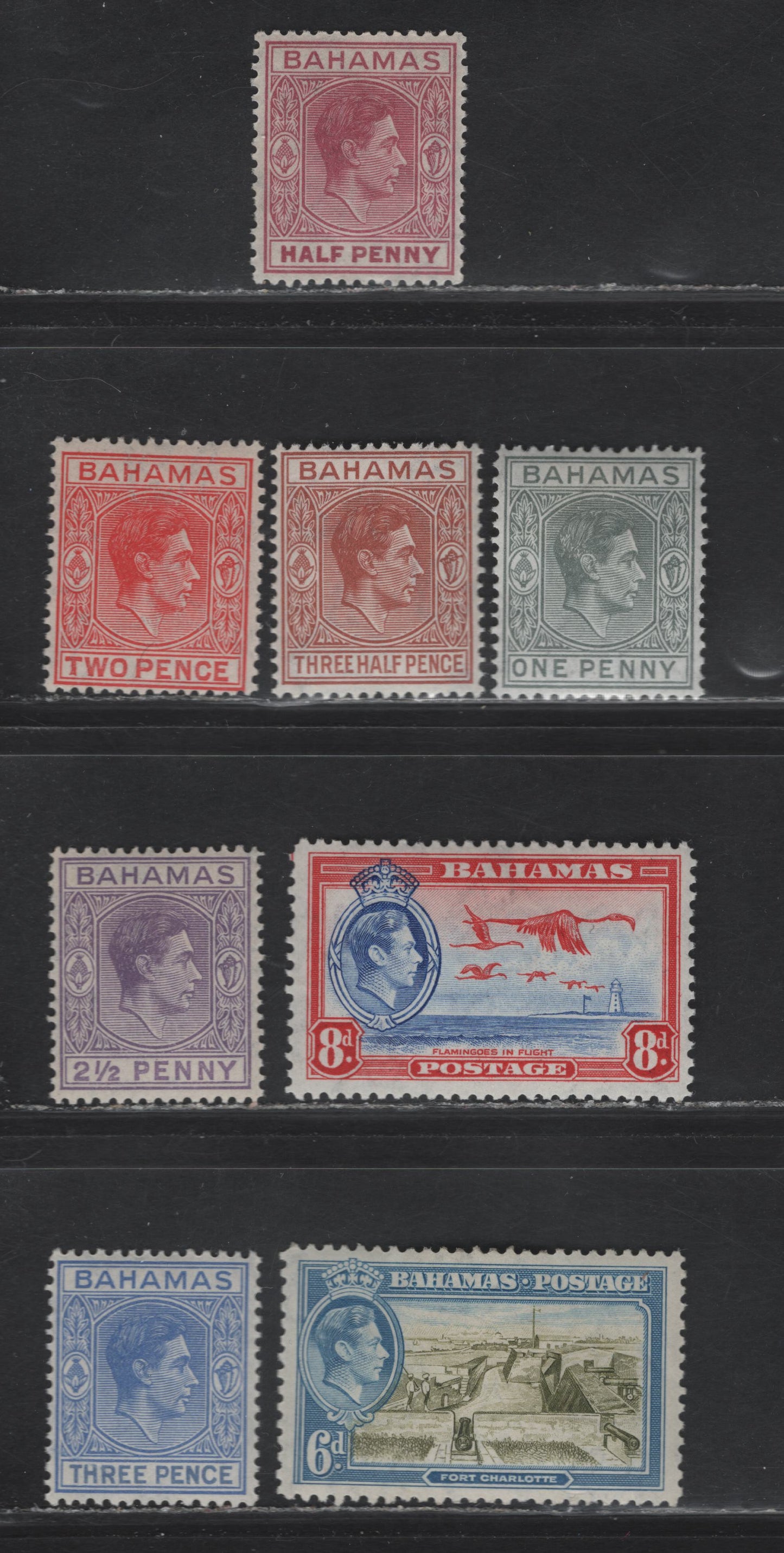 Lot 190 Bahamas (C) SG#149e, 150, 151, 152b, 153a, 154a, 159-160 1/2d - 8d Brown Purple - Ultramarine & Scarlet King George VI, 1938-1952 KGVI Keyplates & Pictorial Issues, 8 VFOG Singles, Includes 3d Blue & Ultramarine (1948 Printing)