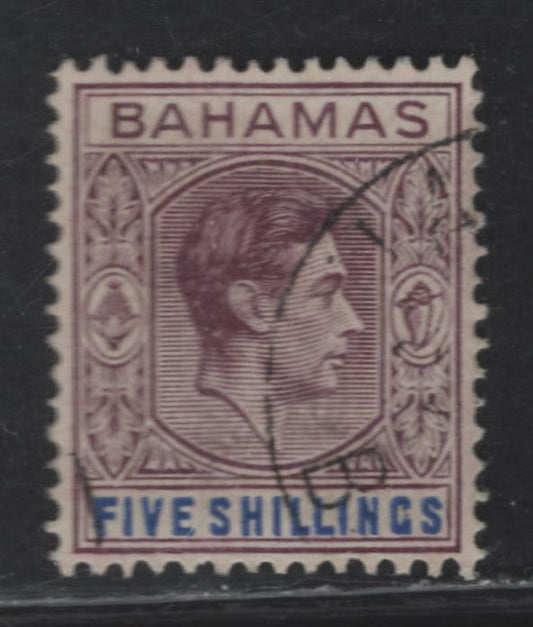 Lot 191 Bahamas (C) SG#156d 5/- Brown Purple & Deep Bright Blue King George VI, 1938-1952 KGVI Keyplates & Pictorial Issues, A Very Fine Used Single, 1948 Printing, Chalky Paper