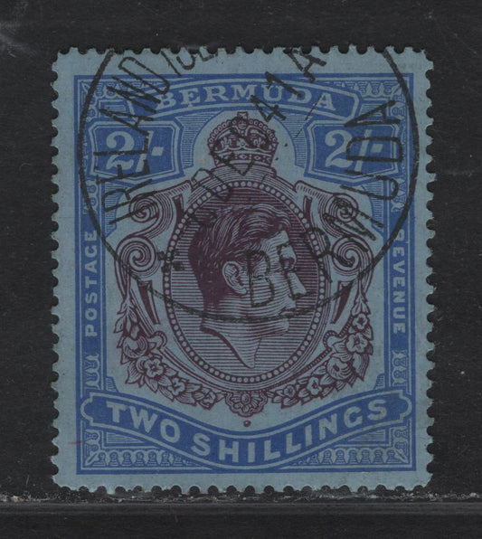 Lot 197 Bermuda (C) SG#116b 2/- Deep Purple & Ultramarine/ Gray Blue King George VI, 1938-1953 KGVI High Value Keyplate Issue, A Very Fine used Single, Line Perf 14.25, Chalky Paper