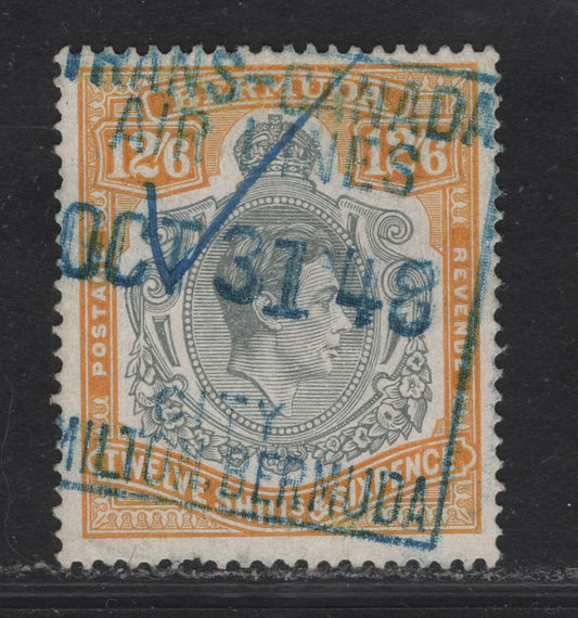 Lot 200 Bermuda (C) SG#120d 12/6 Gray & Yellow King George VI, 1938-1953 KGVI High Value Keyplate Issue, A Fine Used Single, Perf 14, 1947 Printing, Fiscal Cancel.