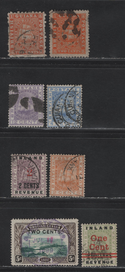 Lot 201 British Guiana (C) SG#67, 87, 128, 131, 171, 192, 208, 222 2c - 2c on 5c Red Orange - Green & Sepia 1863-1899 Badge of the Colony - Surcharged Jubilee Issue, 8 Very Good/Fine/Very Fine Used Singles 2c Oranges Have Small Faults