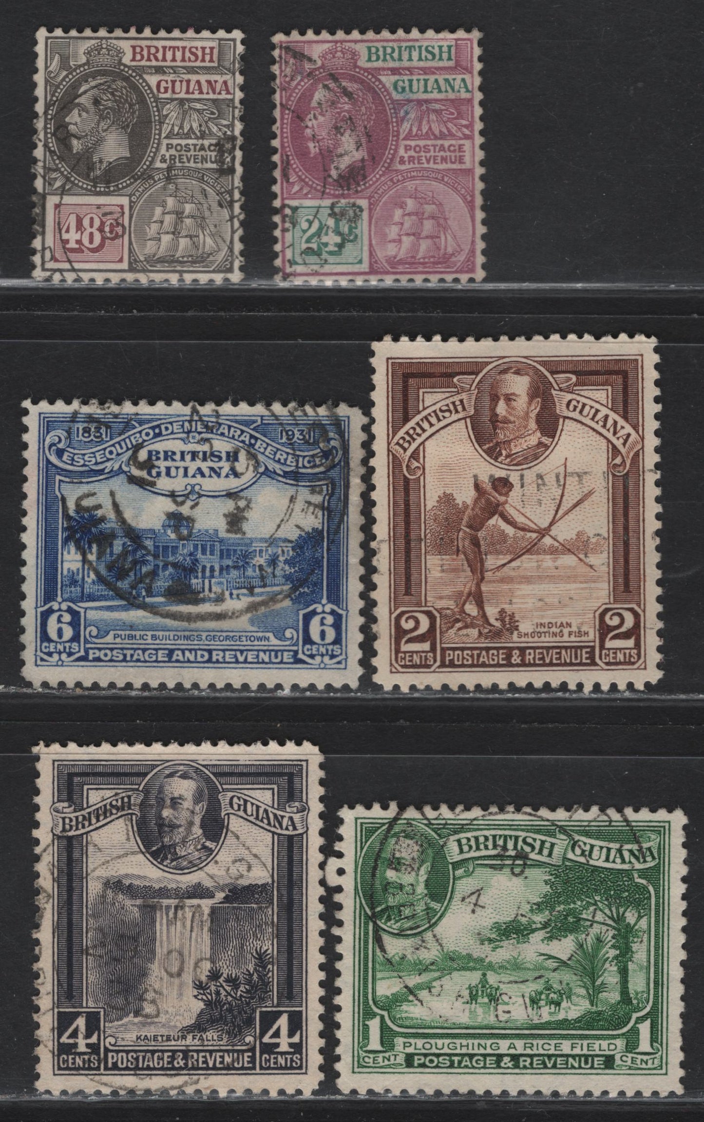 Lot 202 British Guiana (C) SG#278-279, 284, 286, 288, 291 24c - 4c Dull Purple & Green - Slate Violet KGV Colonial Badge - KGV, 1921-1951 KGV Colonial Badge - KGV Pictorial Issues, 6 Very Fine Used Singles , ,