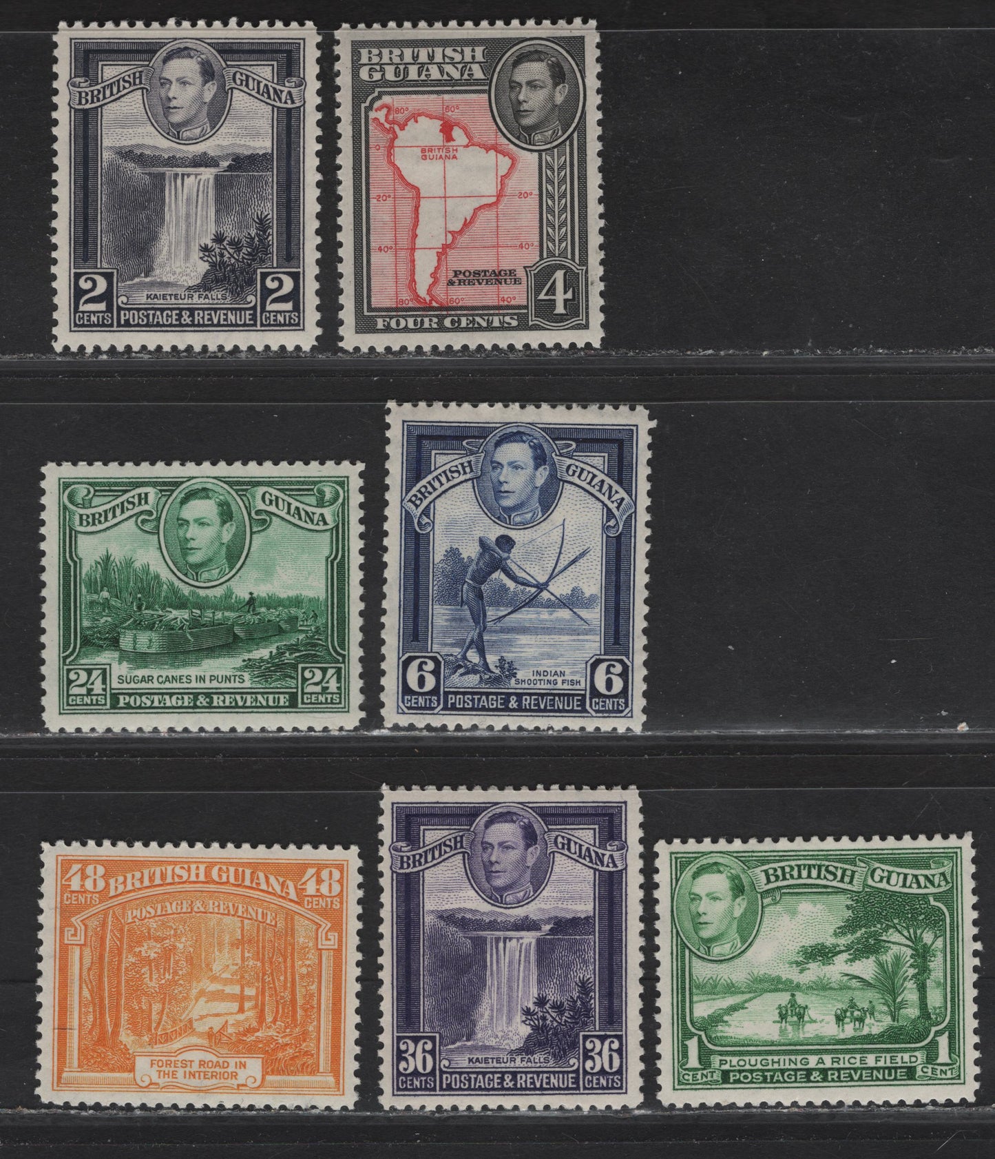 Lot 204 British Guiana (C) SG#308-314 1c - 48c Yellow Green - Orange King George VI, 1938-1952 KGVI Pictorial Definitives, 7 VFOG Singles, 1938 Printings
