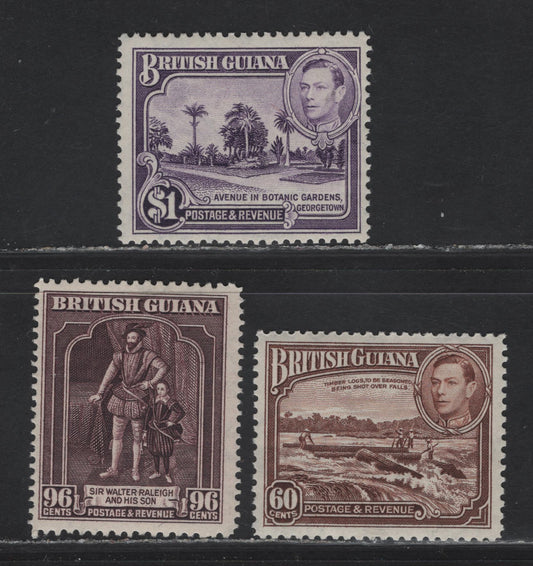 Lot 205 British Guiana (C) SG#315, 316a, 317 60c - $1 Red-Brown - Bright Violet King George VI, 1938-1952 KGVI Pictorial Definitives, 3 F/VFOG Singles, 96c Perf 12.5x13.5, $1 Perf 12.5