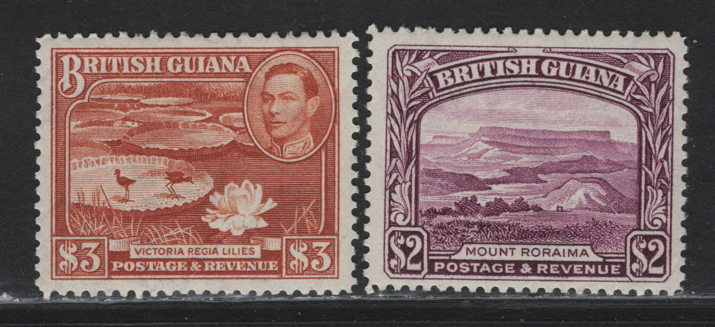 Lot 206 British Guiana (C) SG#318-319 $2 - $3 Purple -Red Brown King George VI, 1938-1952 KGVI Pictorial Definitives, 2 VFOG Singles, Perf 12.5, 1945 Printings