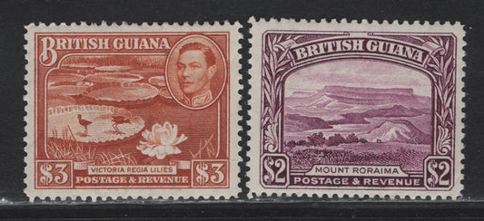 Lot 206 British Guiana (C) SG#318-319 $2 - $3 Purple -Red Brown King George VI, 1938-1952 KGVI Pictorial Definitives, 2 VFOG Singles, Perf 12.5, 1945 Printings