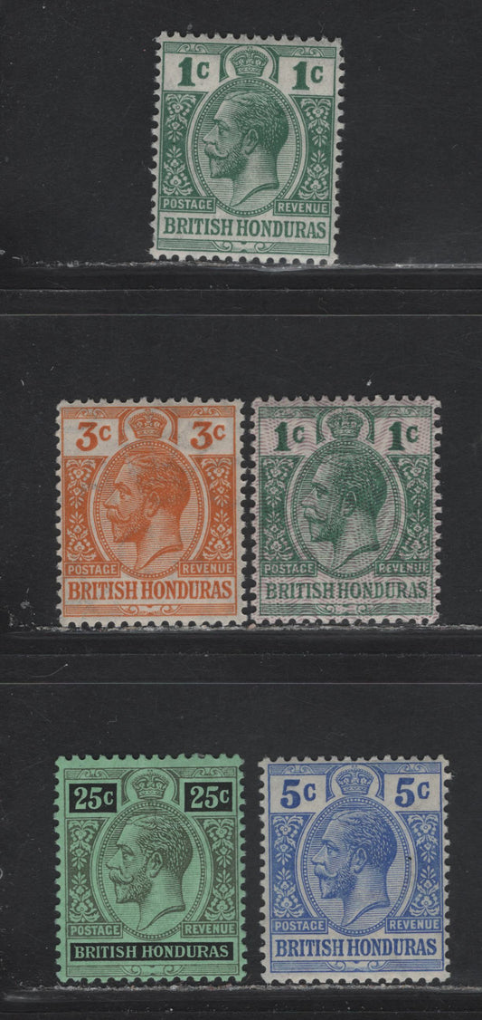 Lot 211 British Honduras (C) SG#101a, 111, 103, 104, 106b 1c - 25c Yellow Green - Black King George V, 1913-1921 KGV Keyplates Issue, 5 VFOG/NH Singles, Multiple Crown CA Wmk