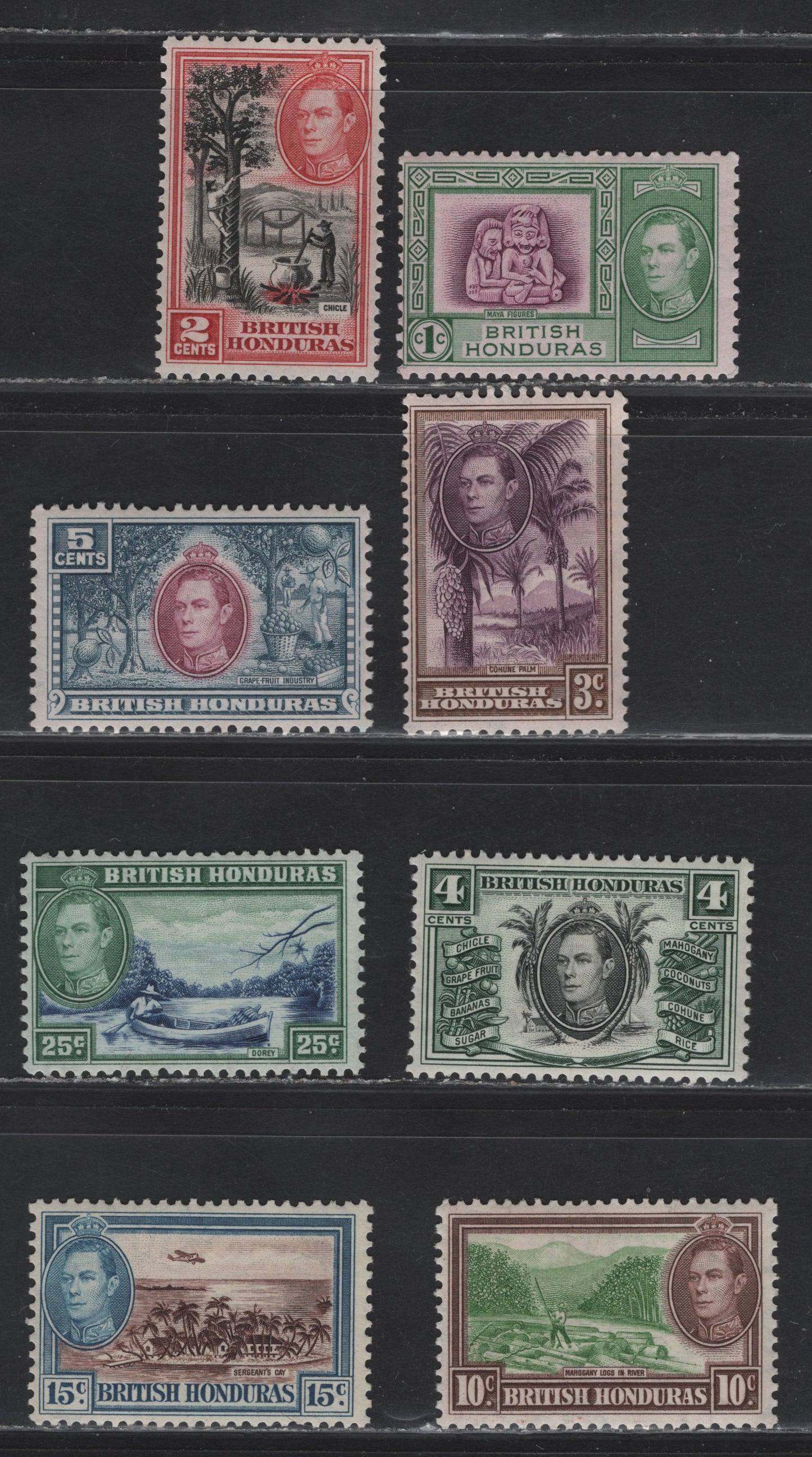 Lot 212 British Honduras (C) SG#150-156 1c - 25c Bright Magenta & Green - Blue & Green King George VI, 1938-1947 KGVI Pictorial Definitive Issue, 7 F/VFNH/OG Singles, All Wartime or Postwar Printings Except 4c, Which Is 1938 Printing, All NH Except 2c.