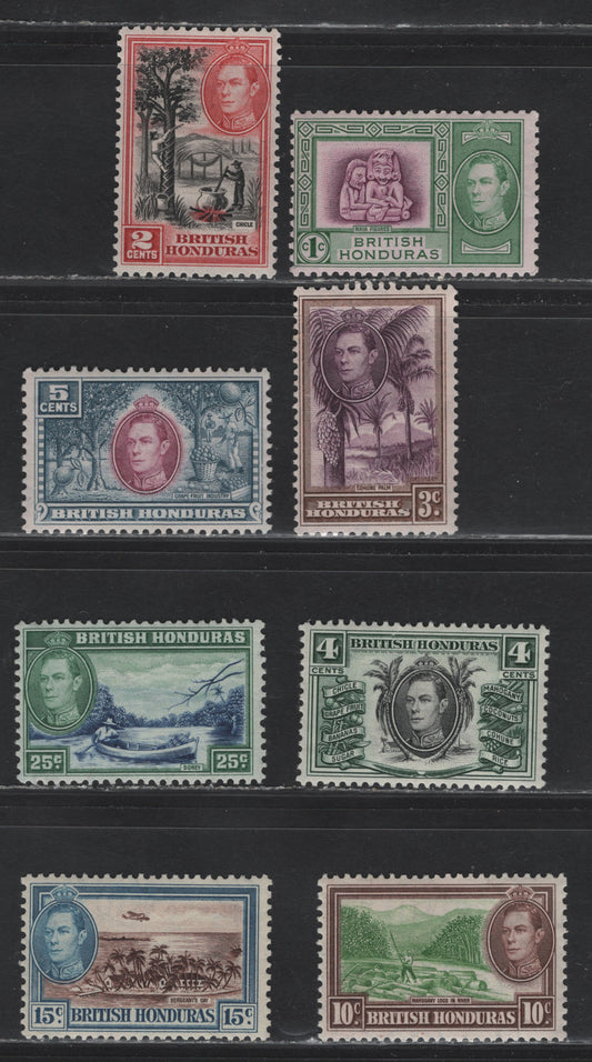 Lot 212 British Honduras (C) SG#150-156 1c - 25c Bright Magenta & Green - Blue & Green King George VI, 1938-1947 KGVI Pictorial Definitive Issue, 7 F/VFNH/OG Singles, All Wartime or Postwar Printings Except 4c, Which Is 1938 Printing, All NH Except 2c.