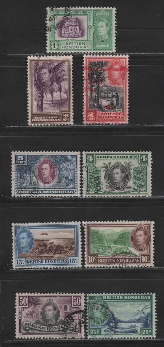 Lot 213 British Honduras (C) SG#150-158 1c - 50c Bright Magenta & Green - Black & Purple King George VI, 1938-1947 KGVI Pictorial Definitive Issue, 9 Fine/Very Fine Used Singles