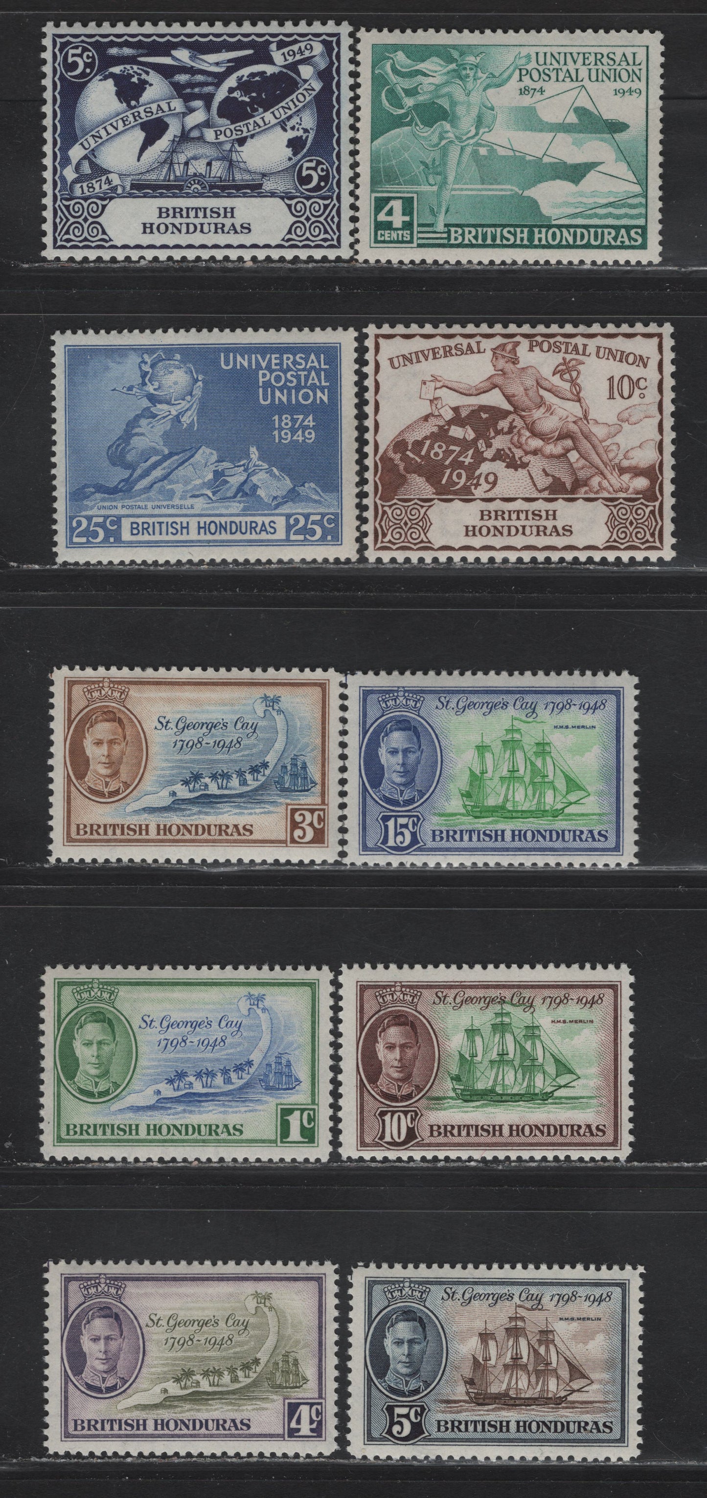 Lot 215 British Honduras (C) SG#166-175 1c - 25c Ultramarine & Green - Blue St Georges Cay - Monument, 1949 S Georges Cay & UPU Issues, 10 VFNH Singles, Some Wrinkles On 167