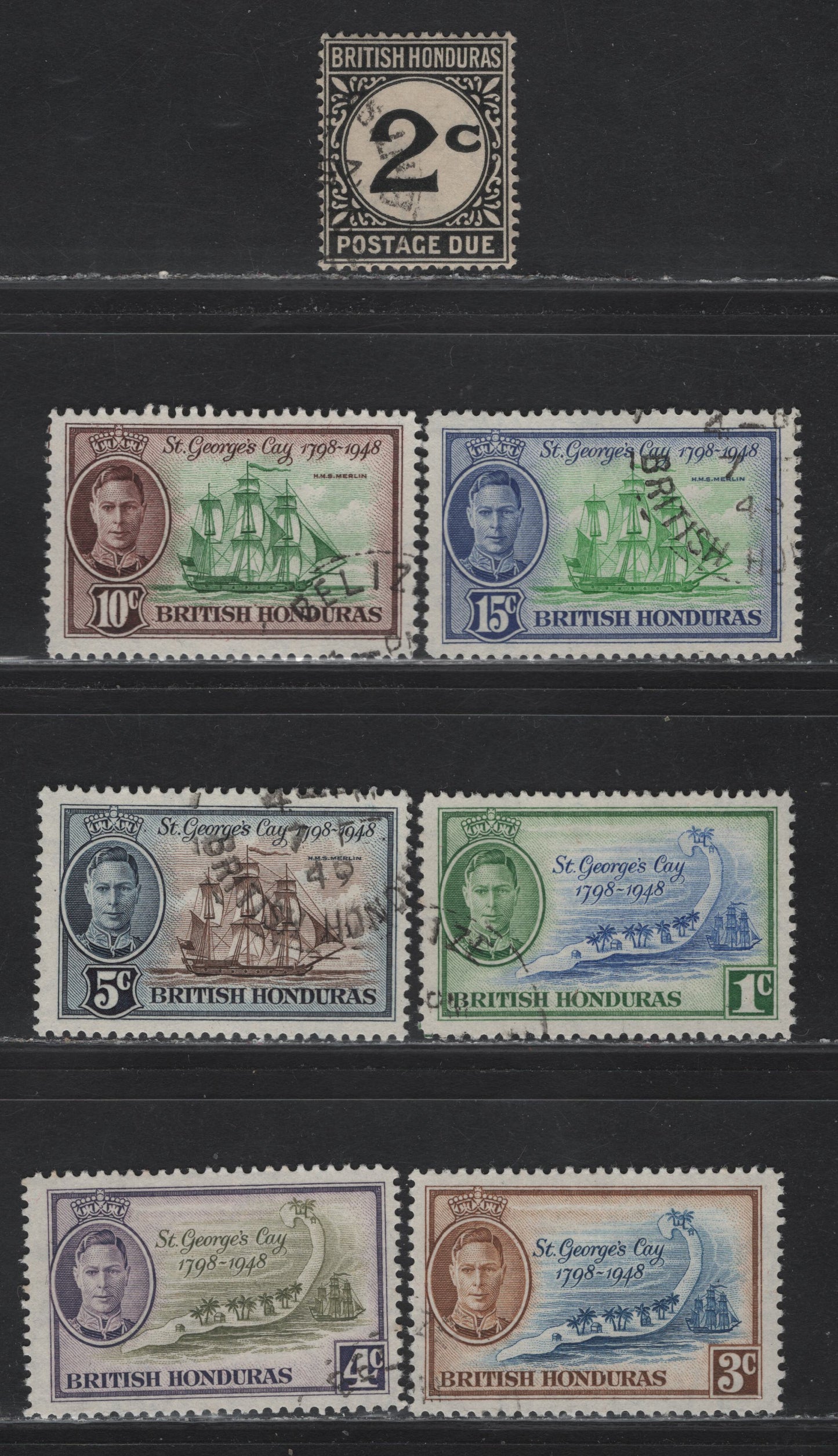 Lot 216 British Honduras (C) SG#166-171, D2 2c - 15c Black - Emerald & Ultramarine St Georges Cay - Numeral, 1949 St Georges Cay & Postage Due Issues, 7 Very Fine Used Singles