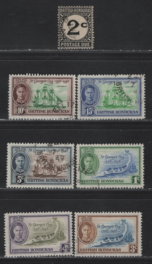 Lot 216 British Honduras (C) SG#166-171, D2 2c - 15c Black - Emerald & Ultramarine St Georges Cay - Numeral, 1949 St Georges Cay & Postage Due Issues, 7 Very Fine Used Singles