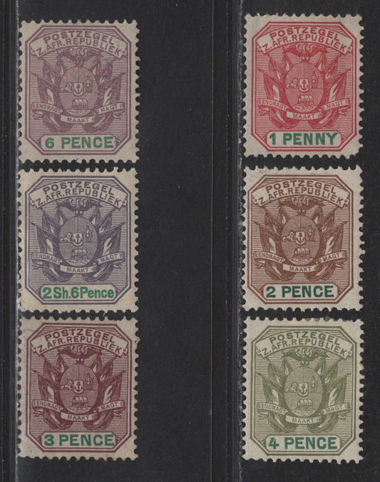 Lot 218 Transvaal (C) SG#217-218, 220-222, 224 1d - 2/6 Rose Red & Green - Dull Violet & Green Wagon, 1896-1897 Wagon With Pole Bicolored Issue, 6 VG/F/VFOG Singles, 2d Has A Diagonal Crease, Original Printings, Perf 12.5.