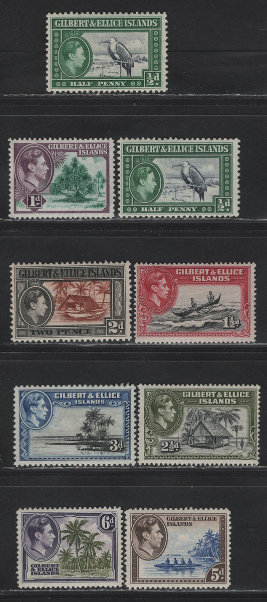 Lot 220 Gilbert & Ellice Islands (C) SG#43-47, 48a, 49a, 50 1/2d - 6d  1939-1955 KGVI Pictorial Issue, 9 F/VFNH/OG Singles, Includes 2 Printings Of 1/2d, Generally These Are All Wartime Or Post-War Printings, All NH Except 1d & 2d.