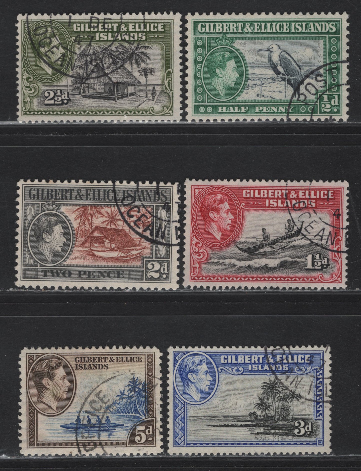 Lot 221 Gilbert & Ellice Islands (C) SG#43, 45-46, 48, 49a, 47a 1/2d - 5d Indigo & Deep Bluish Green - Ultramarine & Sepia King George VI, 1939-1955 KGVI Pictorial Issue, 6 Very Fine Used Singles, The 2.5d & 5d Are 1943 Printings