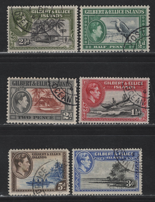 Lot 221 Gilbert & Ellice Islands (C) SG#43, 45-46, 48, 49a, 47a 1/2d - 5d Indigo & Deep Bluish Green - Ultramarine & Sepia King George VI, 1939-1955 KGVI Pictorial Issue, 6 Very Fine Used Singles, The 2.5d & 5d Are 1943 Printings
