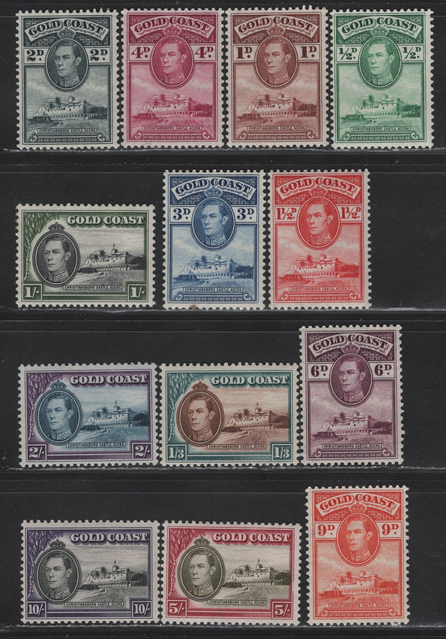 Lot 224 Gold Coast (C) SG#120-132 1/2d - 10/- Green - Black & Violet King George VI, 1938-1943 KGVI Christiansberg Castle Definitives, 13 F/VFNH Singles, 1939-1940 Comb Perforated Printings