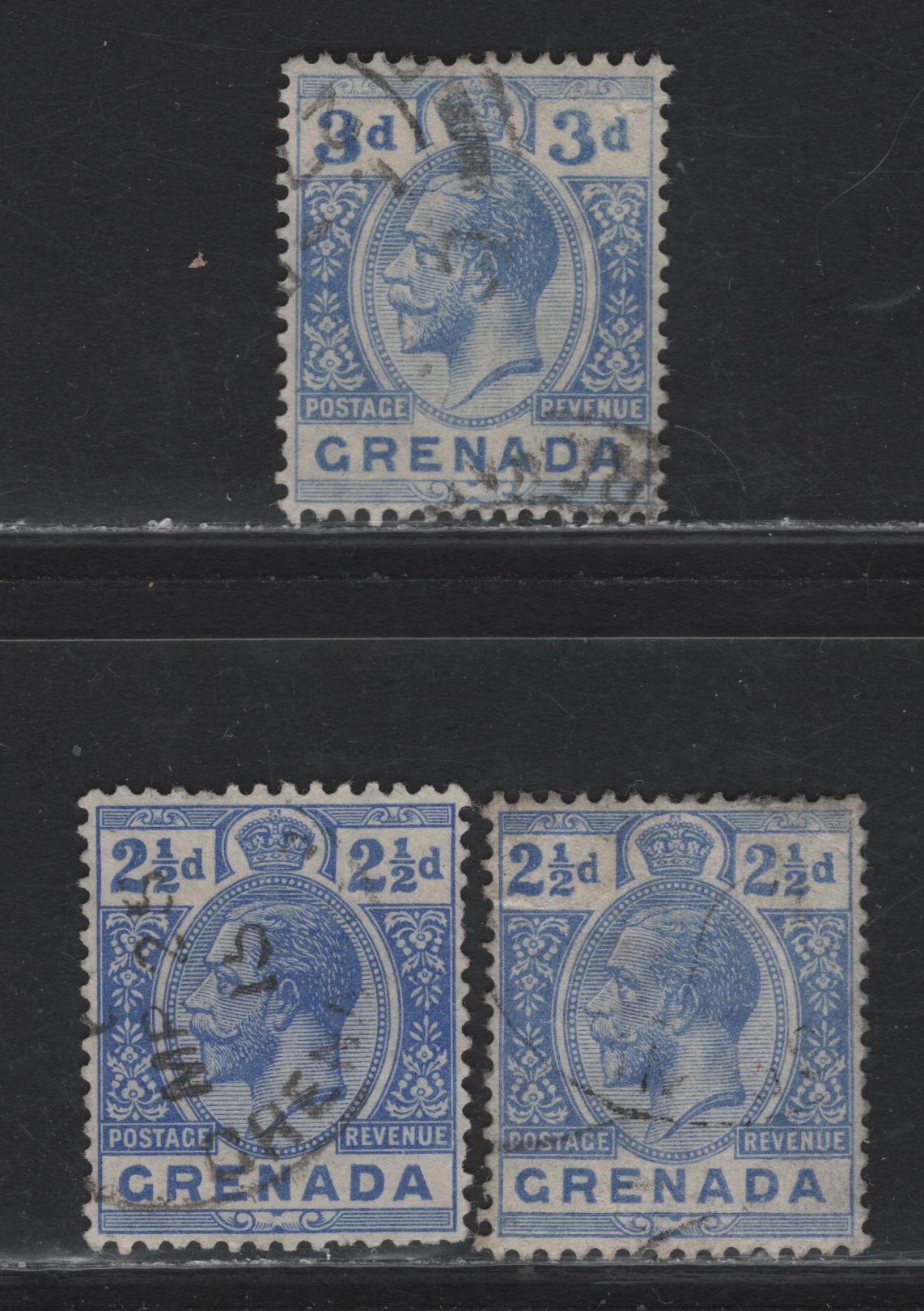 Grenada (C) SG#2.5d - 3d 2.5d - 3d Bright & Dull Blue - Bright Blue King George V, 1913-1931 KGV Keyplates Issue, 3 F/VFOG/NH Singles, Multiple Crown CA & Multiple Script CA Wmks