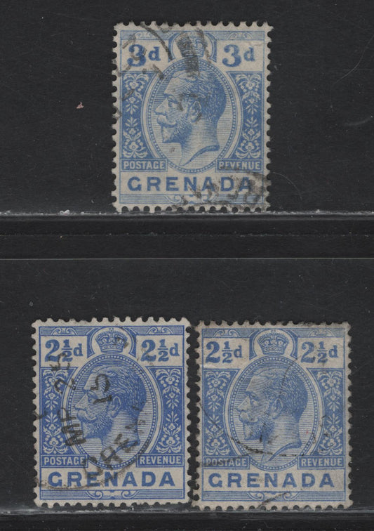 Grenada (C) SG#2.5d - 3d 2.5d - 3d Bright & Dull Blue - Bright Blue King George V, 1913-1931 KGV Keyplates Issue, 3 F/VFOG/NH Singles, Multiple Crown CA & Multiple Script CA Wmks
