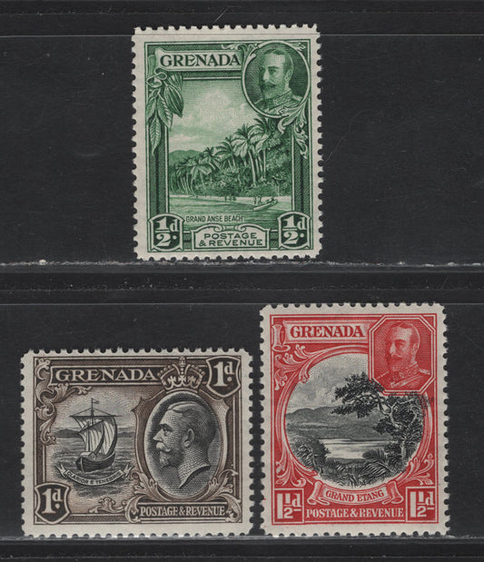 Lot 226 Grenada (C) SG#135-137 1/2d - 1.5d Green - Black & Scarlet King George V, 1934-1936 KGV Pictorial Issue, 3 F/VFOG/NH Singles, Perf 12.5