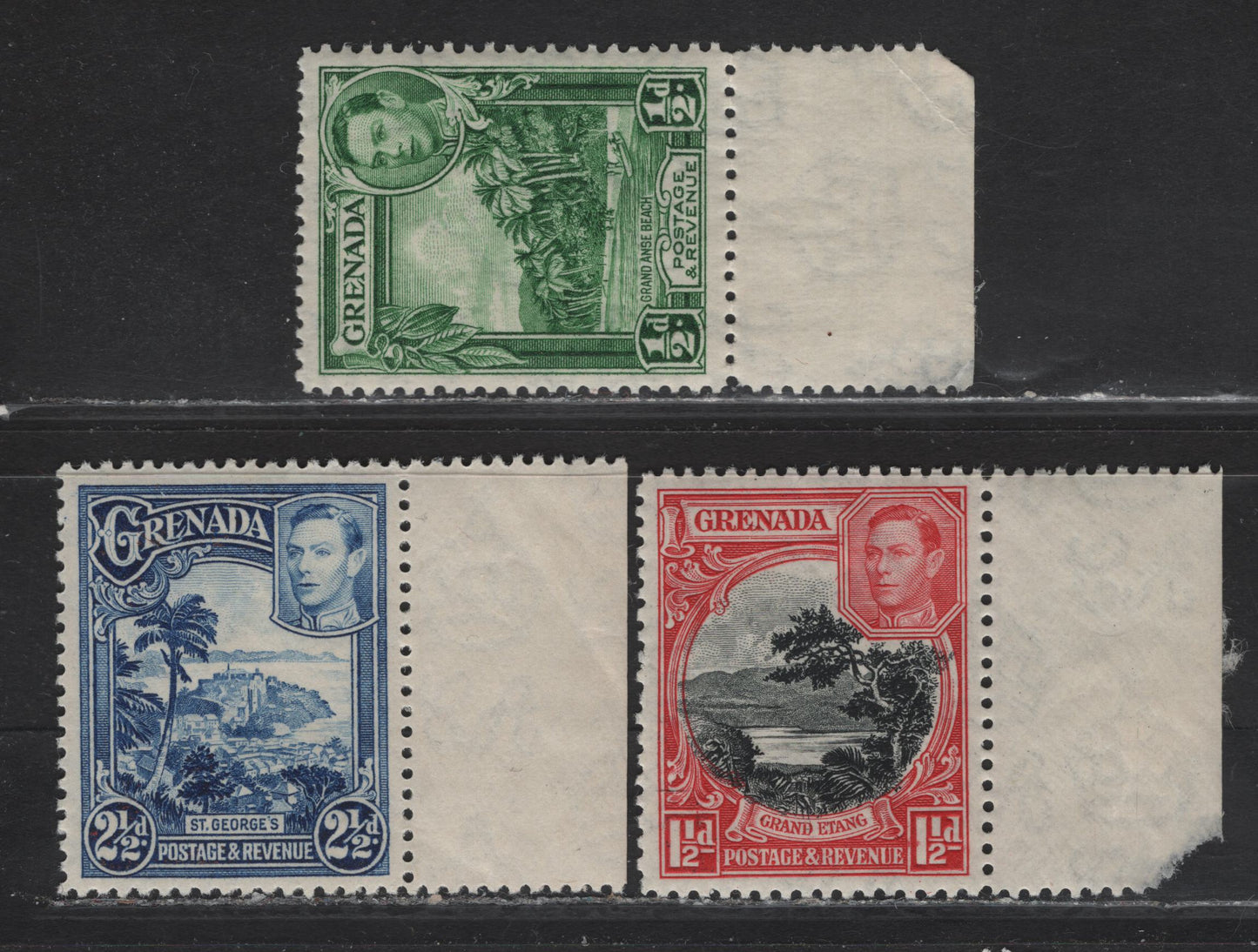 Lot 227 Grenada (C) SG#153, 155, 157 1/2d - 2.5d Yellow Green - bright Blue King George VI, 1938-1950 KGVI Pictorial Issue, 3 VFNH Singles, 1938 Printings