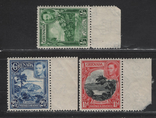 Lot 227 Grenada (C) SG#153, 155, 157 1/2d - 2.5d Yellow Green - bright Blue King George VI, 1938-1950 KGVI Pictorial Issue, 3 VFNH Singles, 1938 Printings