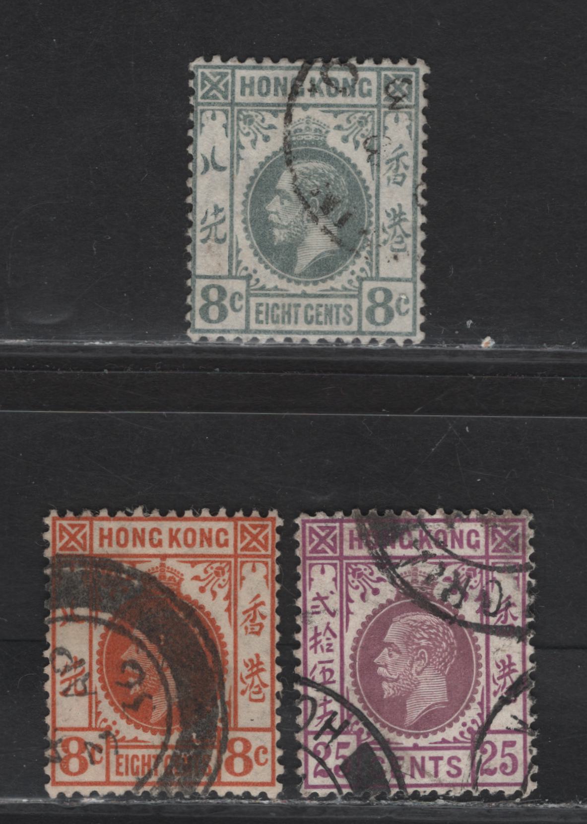 Lot 228 Hong Kong (C) SG#104a, 123, 126 8c - 25c Slate - Purple & Magenta King George V, 1913-1937 KGV Keyplates Issue, 3 Very Fine Used Singles, Type B, Multiple Crown CA & Script CA Wmks
