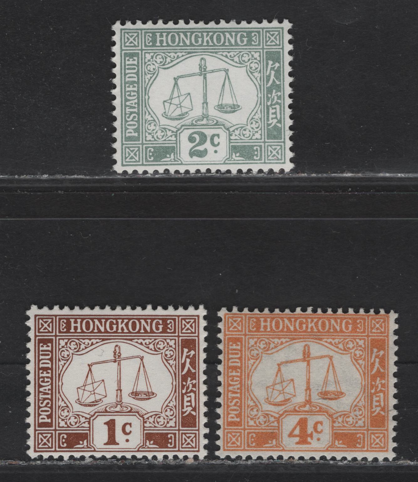 Lot 233 Hong Kong (C) SG#D1ab, D6a, D7 1c - 4c Brown - Orange Numeral, 1923-1963 Postage Dues, 3 VFNH Singles, Multiple Script CA Sideways Wmk