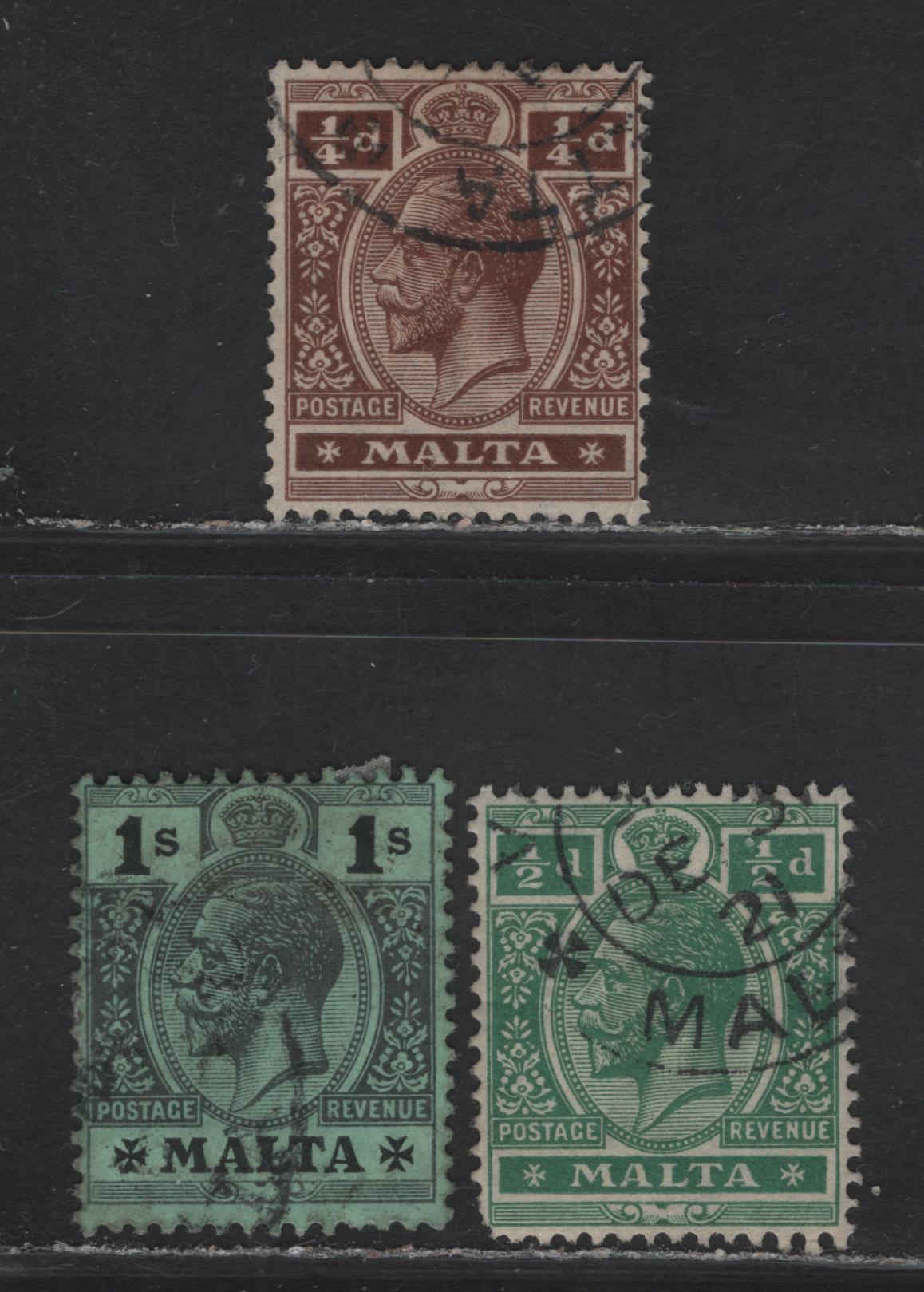 Lot 236 Malta (C) SG#69a, 71a, 81a 1/4d - 1/- Deep brown - Black on Green with Green Back King George V, 1914-1921 KGV Keyplates Issue, 3 Fine/Very Fine Used Singles, Multiple Script CA Wmk